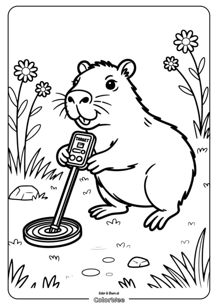 baby capybara hunt coloring page page 0001 Capybara finds treasure with metal detector in fun coloring page.