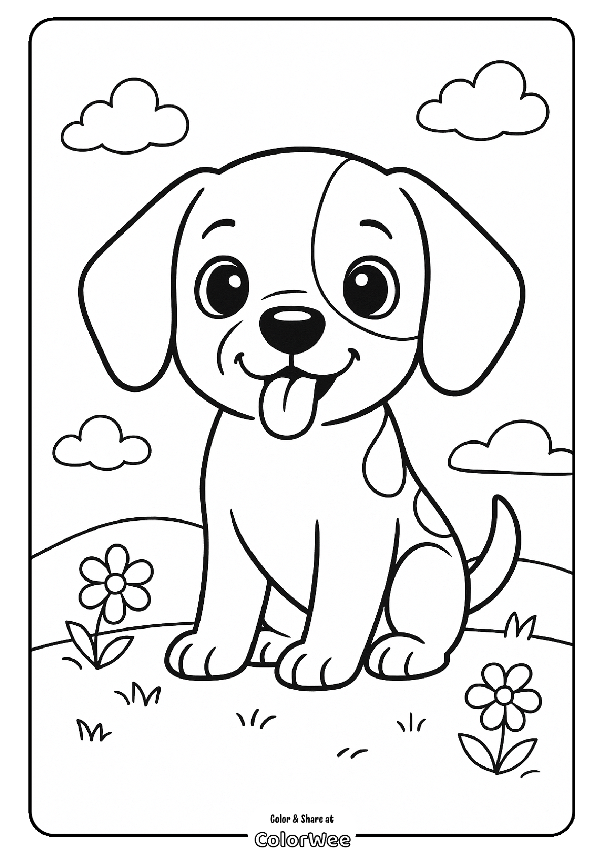 Cheerful puppy coloring page with flowers and clouds.