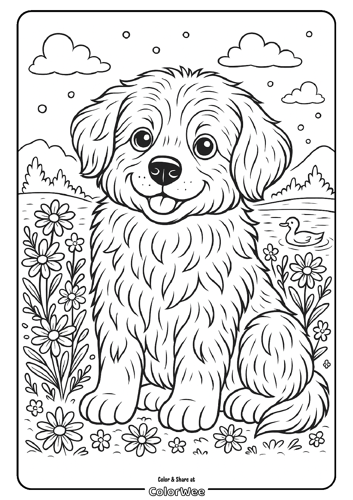 Adorable puppy coloring page with flowers and a duck by the lake.