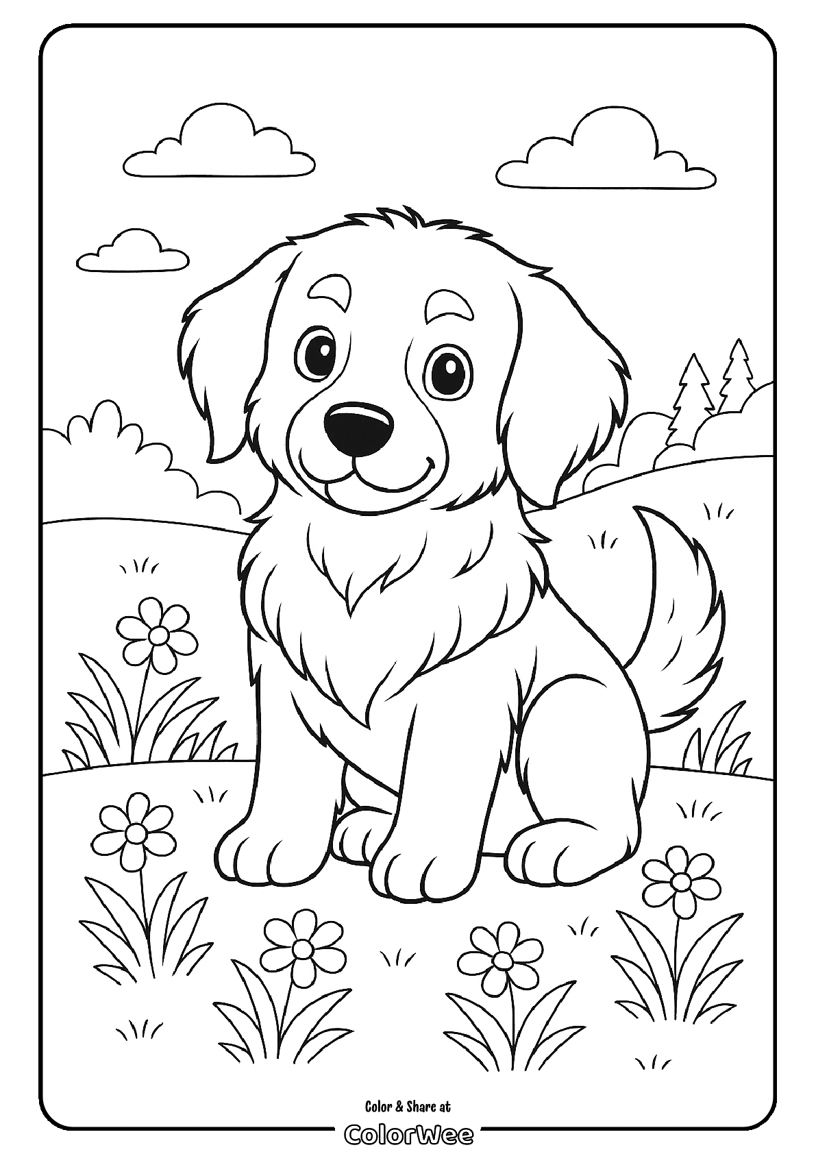Cute puppy coloring page with flowers and clouds.