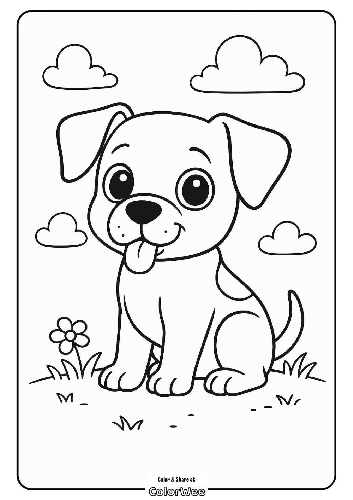 Happy puppy coloring page for kids.