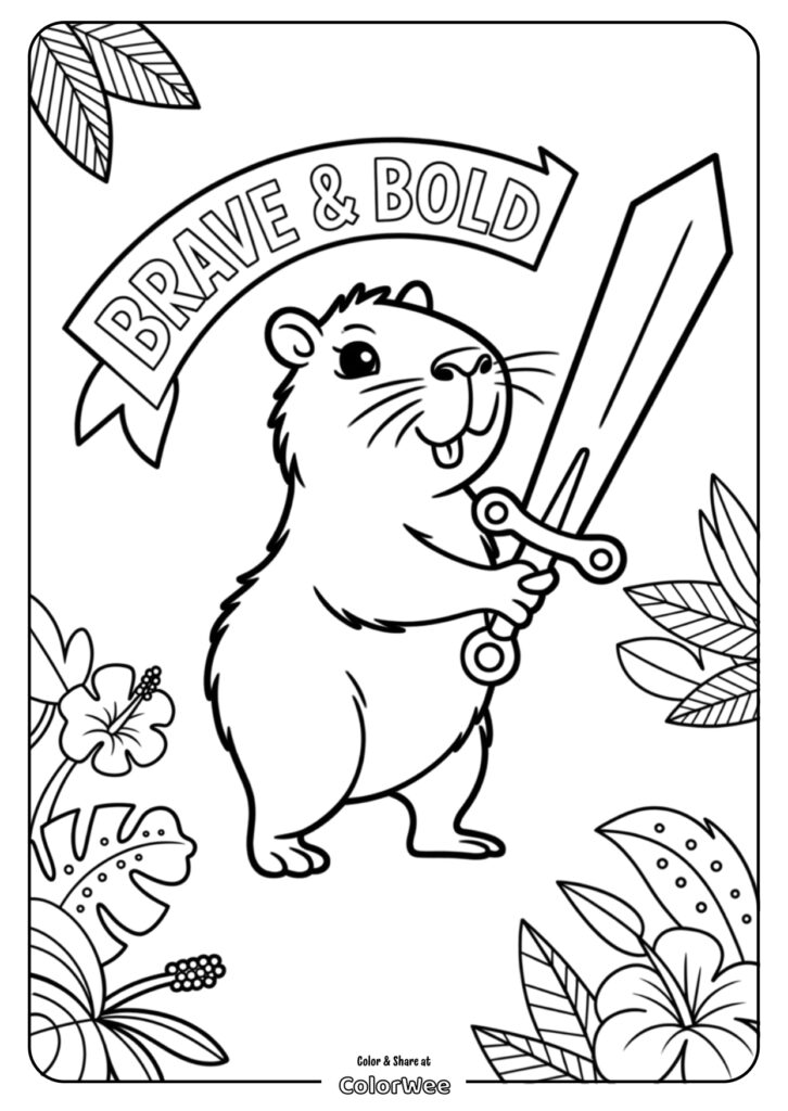 Brave hamster with sword coloring page for kids.