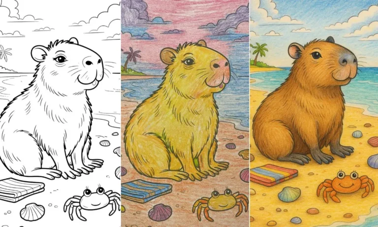 Capybara coloring page with beach scene and a cute crab.