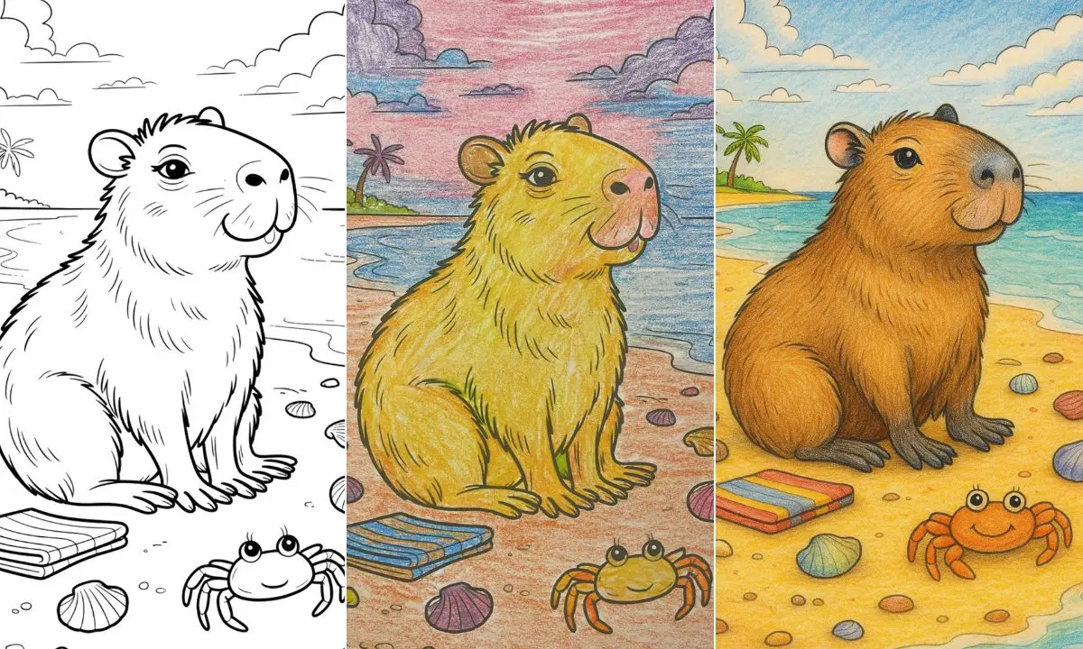 Capybara coloring page with beach scene and a cute crab.