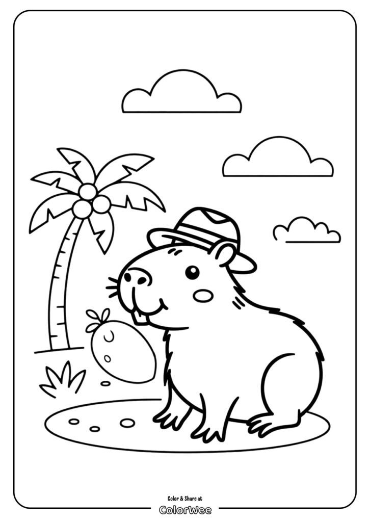 cartoon capybara holiday coloring page page 0001 Capybara coloring page with palm tree and clouds.