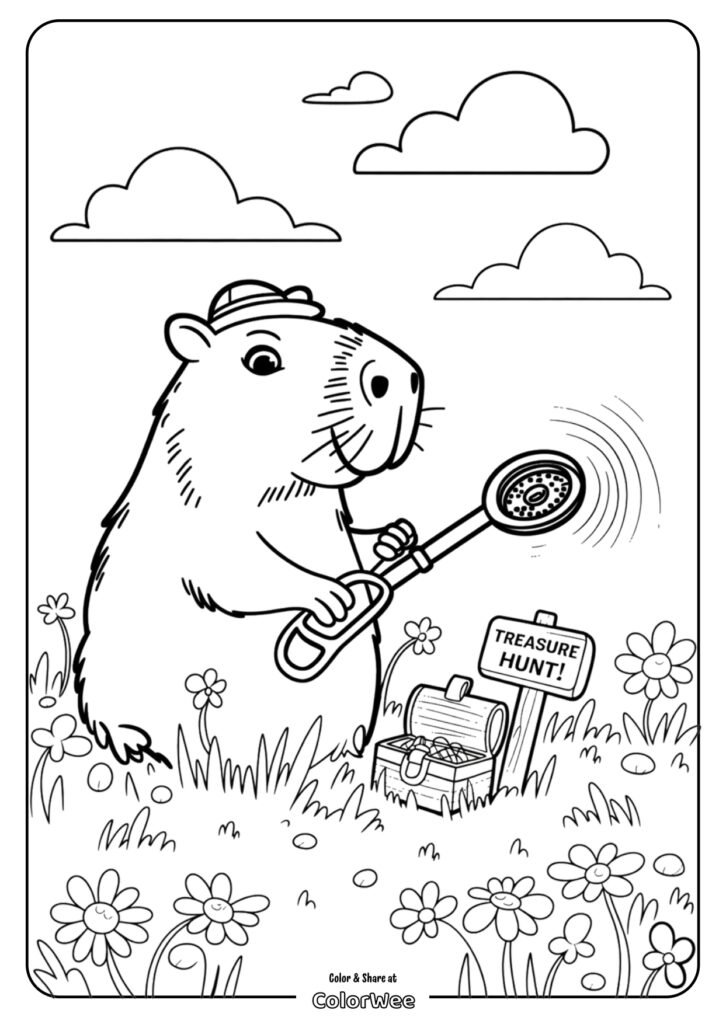 cartoon capybara hunt coloring page page 0001 Capybara treasure hunt coloring page with flowers and clouds.