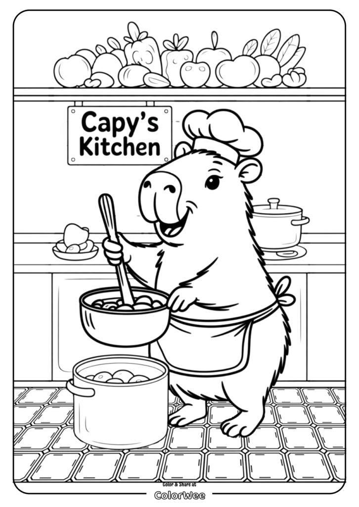 cartoon capybara in the kitchen coloring page page 0001 Capybara chef cooking in kitchen coloring page.