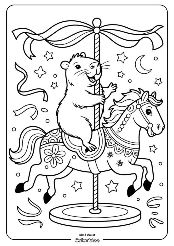 Cartoon hamster on carousel horse coloring page with stars and ribbons.
