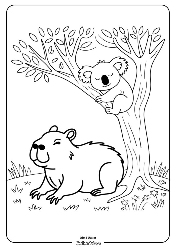 cartoon capybara with koala coloring page page 0001 Koala in tree and capybara coloring page for kids to print and color.