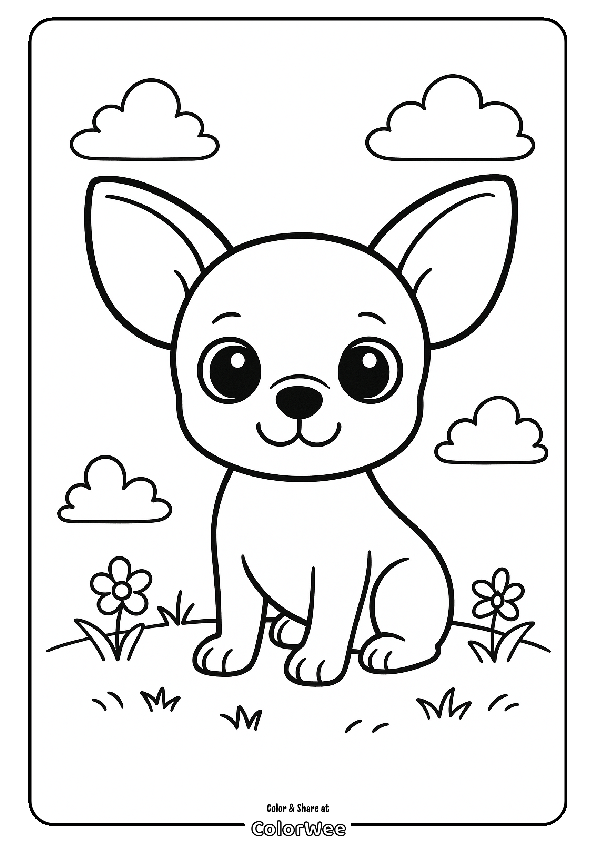 Chihuahua coloring page with flowers and clouds.