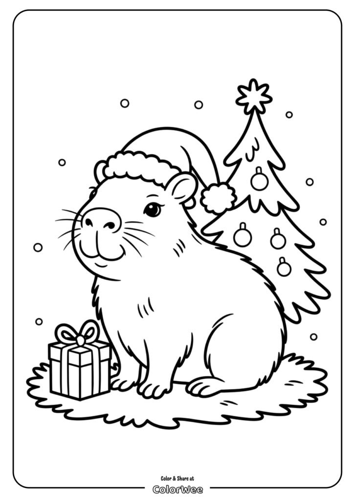 christmas capybara christmas gift coloring page page 0001 Capybara with Santa hat, Christmas tree, and gift coloring page.