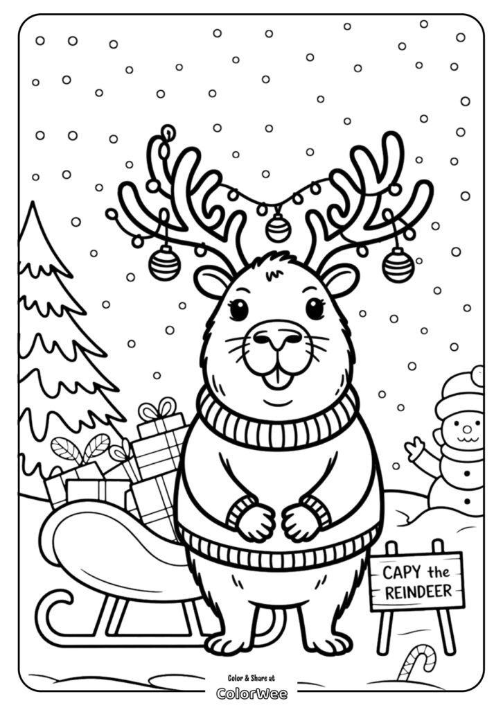 christmas capybara reindeer coloring page page 0001 Capybara reindeer coloring page with gifts and snowman