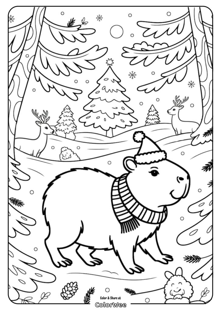 christmas capybara snow coloring page page 0001 Capybara winter scene with snow, trees, deer, and festive hat. Coloring page.