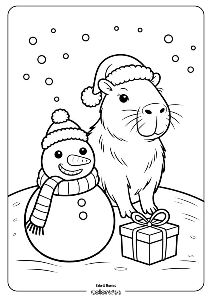 christmas capybara snowman coloring page page 0001 Capybara and snowman in hats with gift box on snowy coloring page.