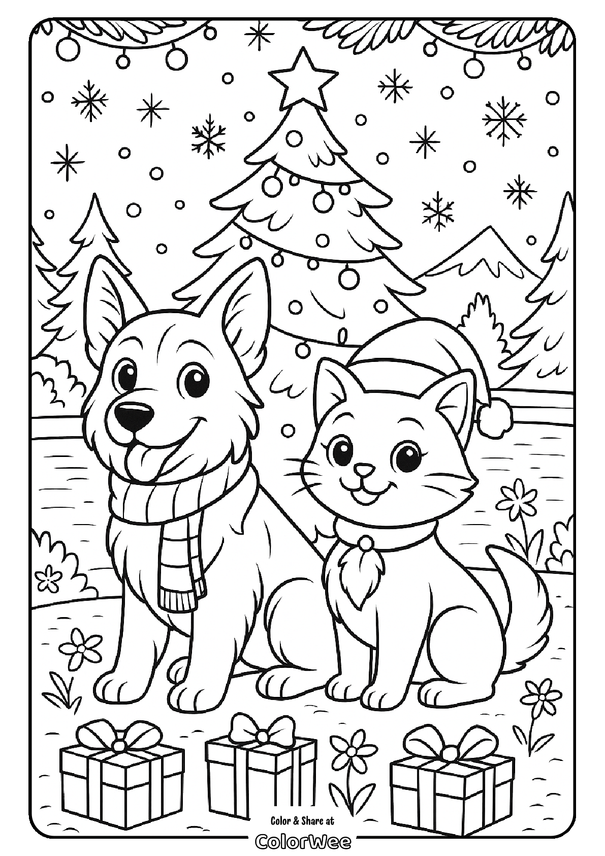 Festive dog and cat with gifts by Christmas tree coloring page