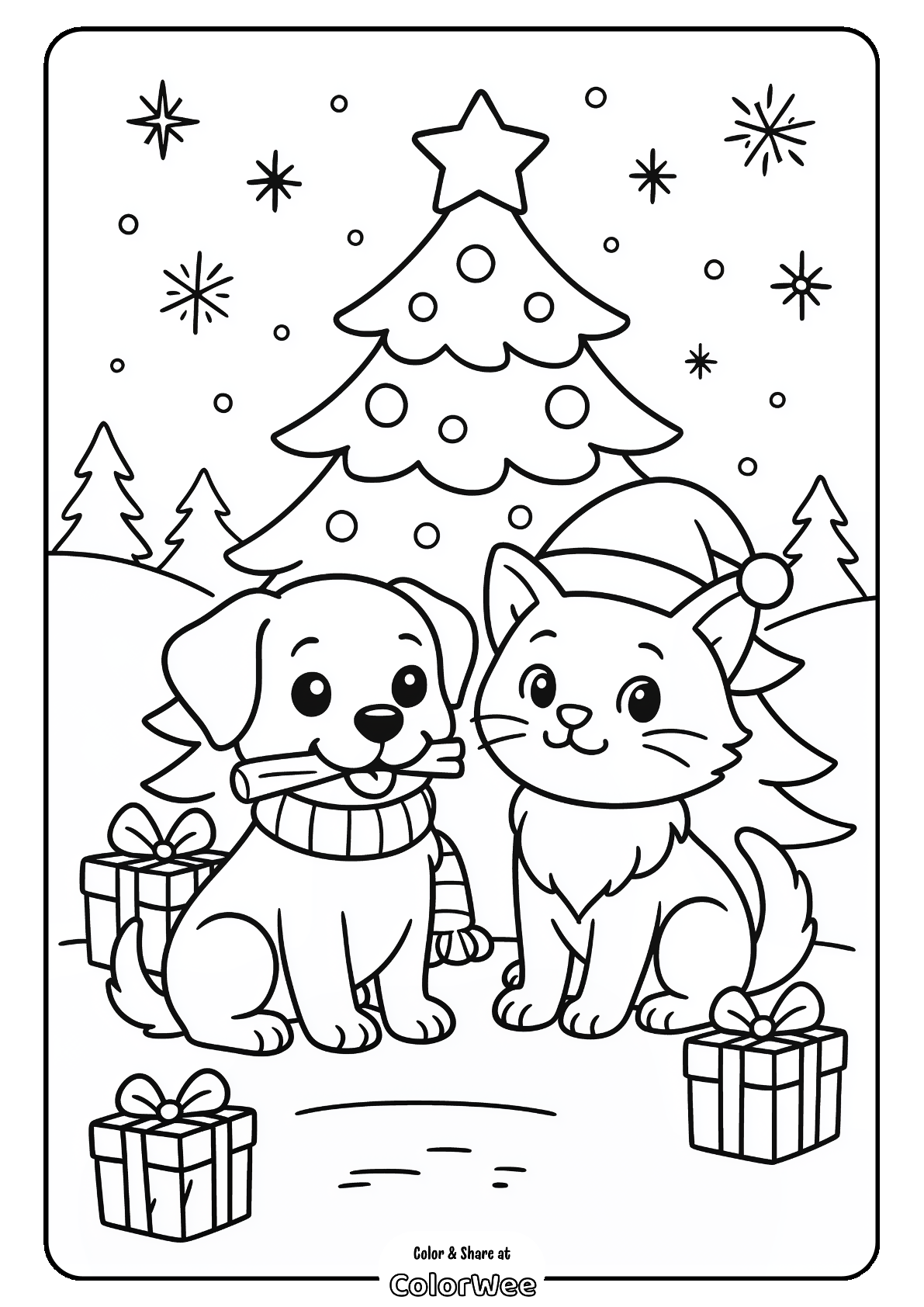 Christmas puppy and kitten with gifts under decorated tree coloring page.