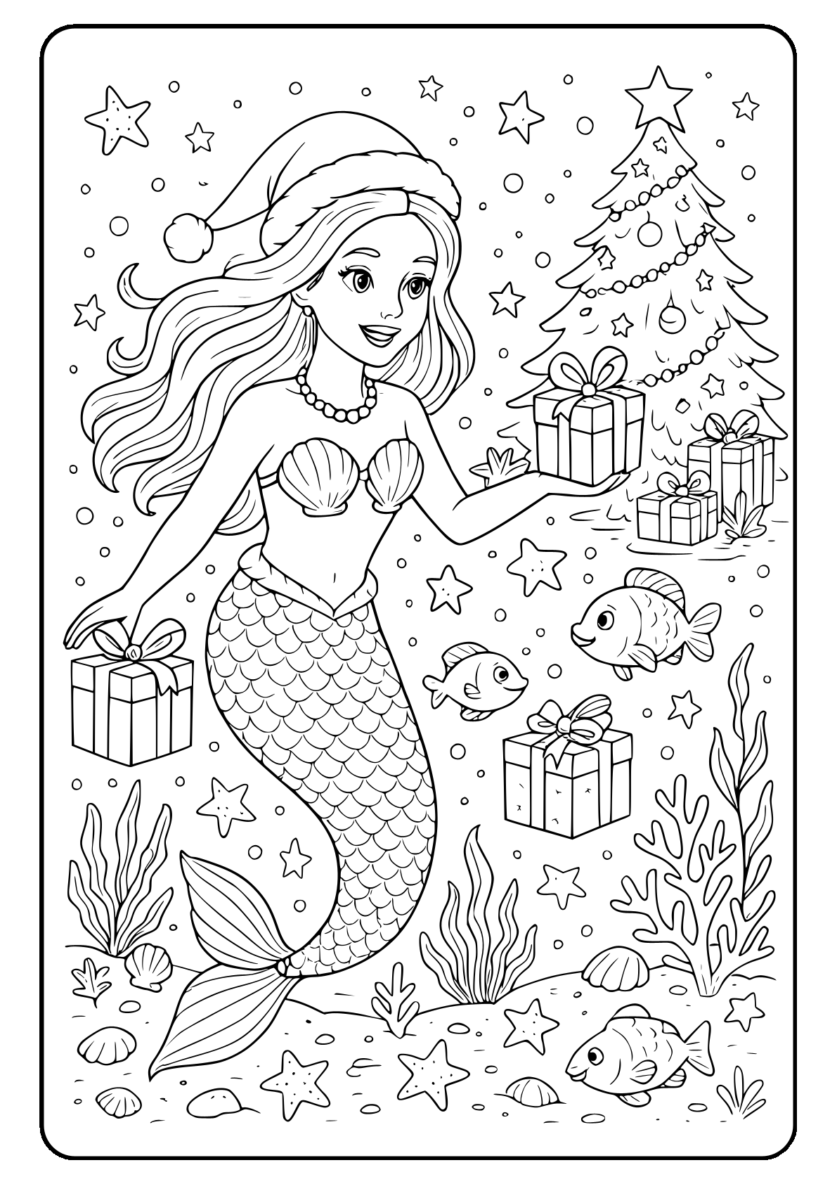 christmas mermaid giving gifts coloring sheet Mermaid with gifts and Christmas tree coloring page.