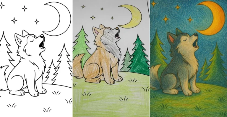 Howling husky at moon coloring page for kids with trees and stars.