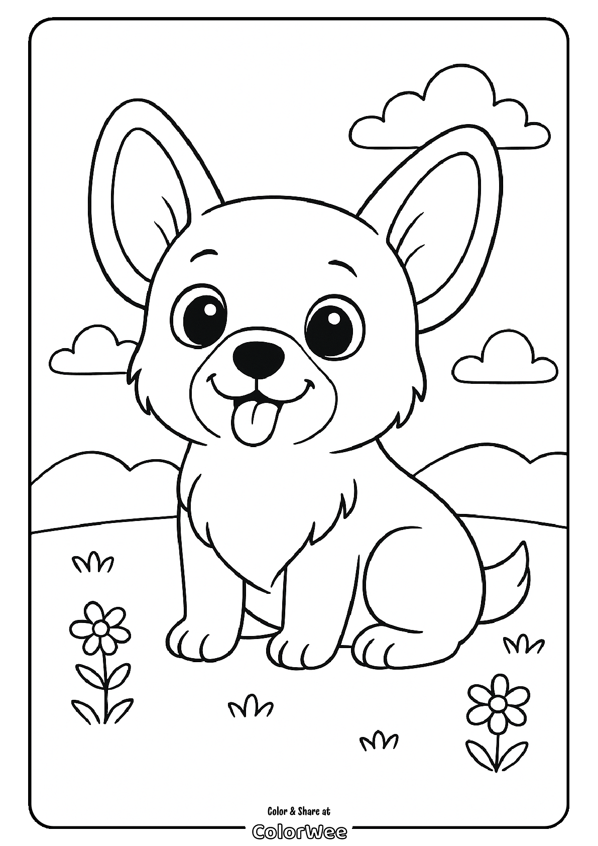 Cute puppy coloring page with flowers and clouds.