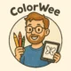 Coloring page logo with crayons and butterfly illustration on tablet.