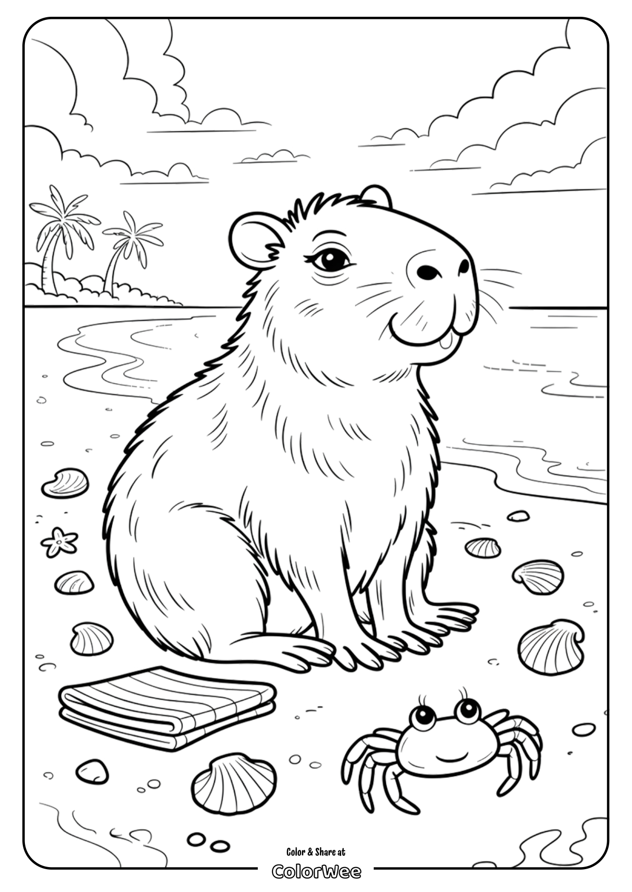 Capybara and crab coloring page on a beach scene.