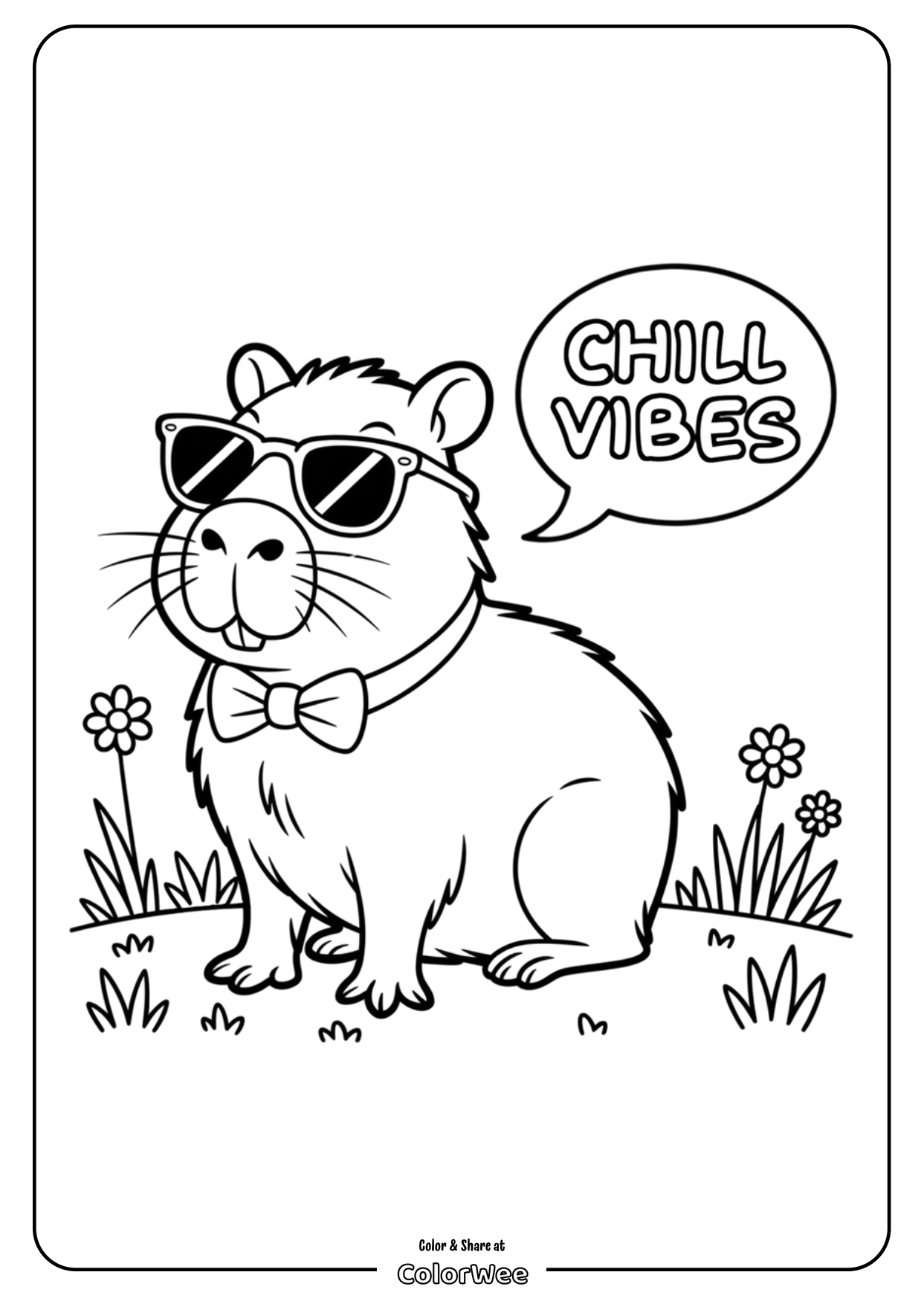 Cool capybara coloring page with sunglasses and Chill Vibes text.