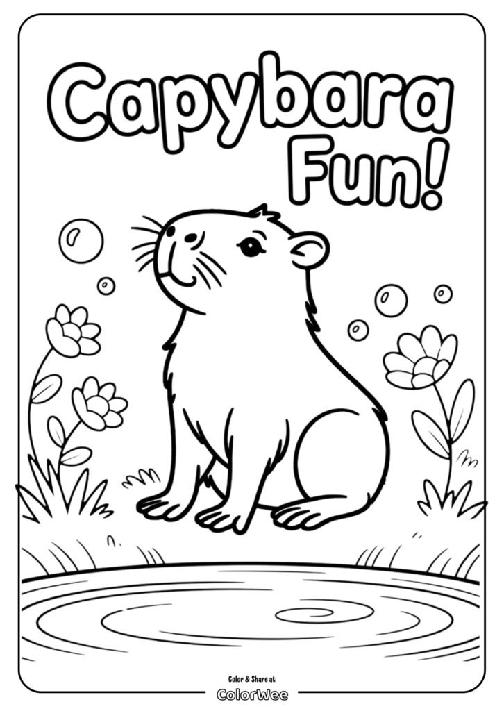 cute capybara fun coloring page page 0001 Coloring page of a capybara by a pond with flowers and bubbles.