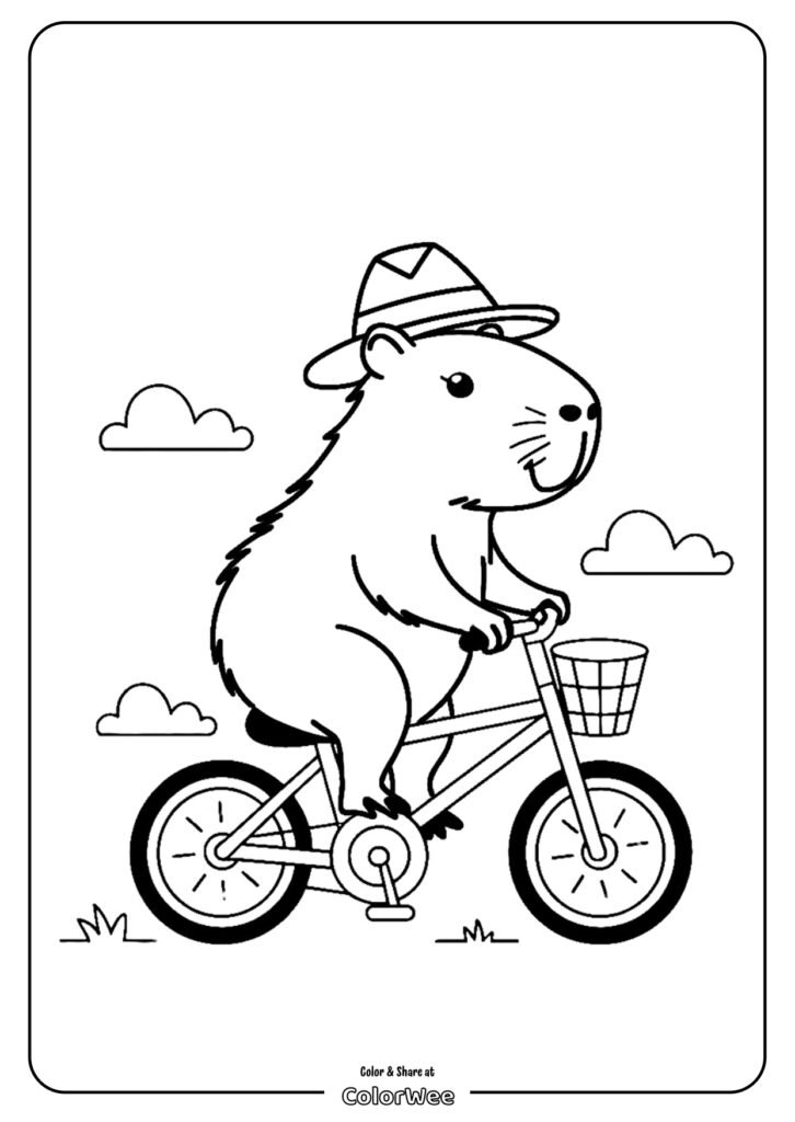 cute capybara riding a bicycle coloring page page 0001 Capybara on bicycle coloring page with hat and clouds in background.