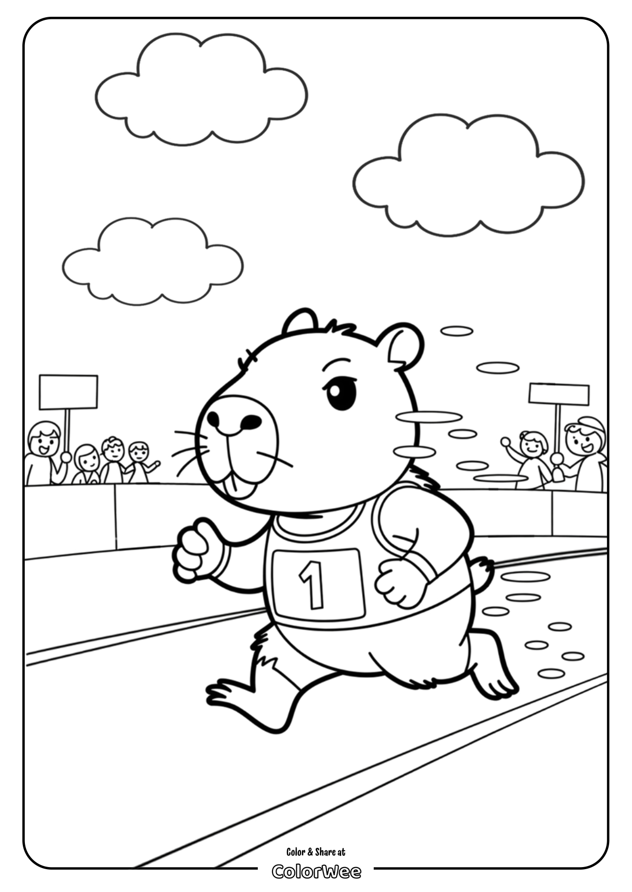 Cute capybara running race coloring page for kids.