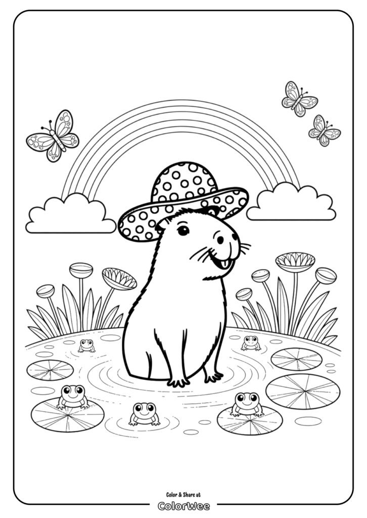 cute capybara with frog coloring page page 0001 Capybara in a pond with a hat, rainbow background, frogs and butterflies.