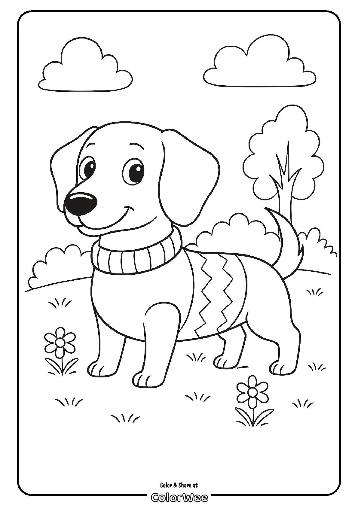 Cute dog in a sweater, standing outdoors on a coloring page.