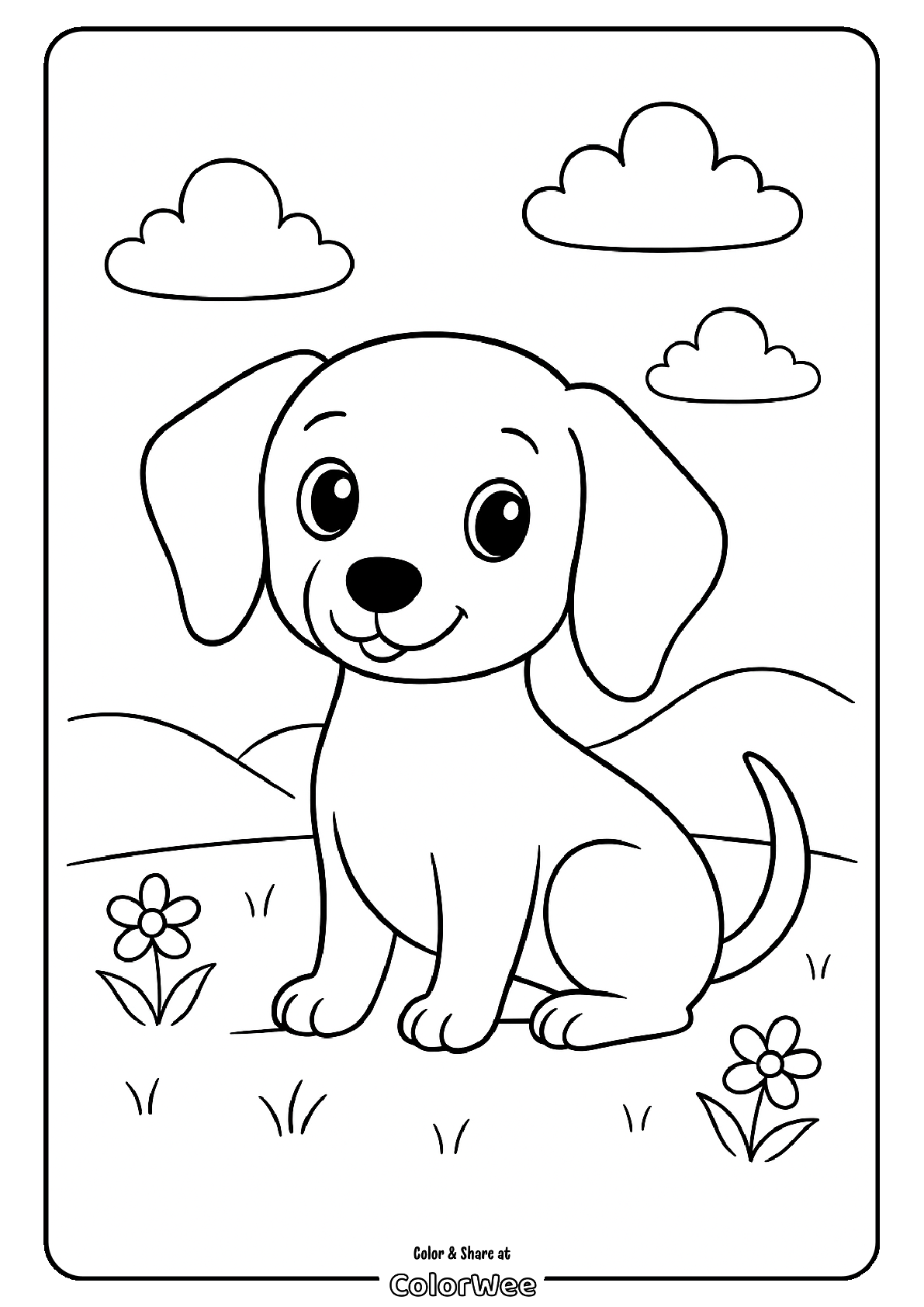 Smiling cartoon puppy in meadow coloring page.