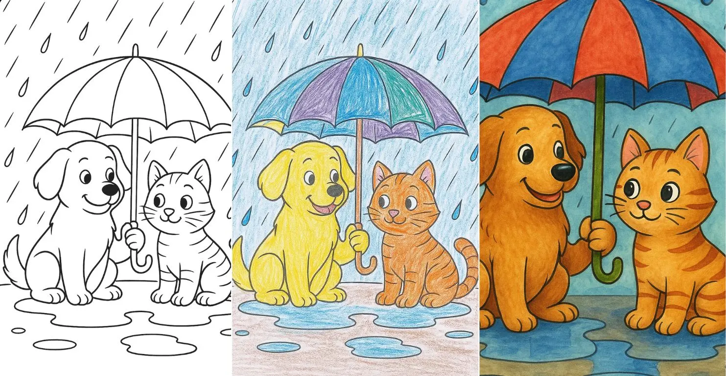 Cute dog and cat share an umbrella