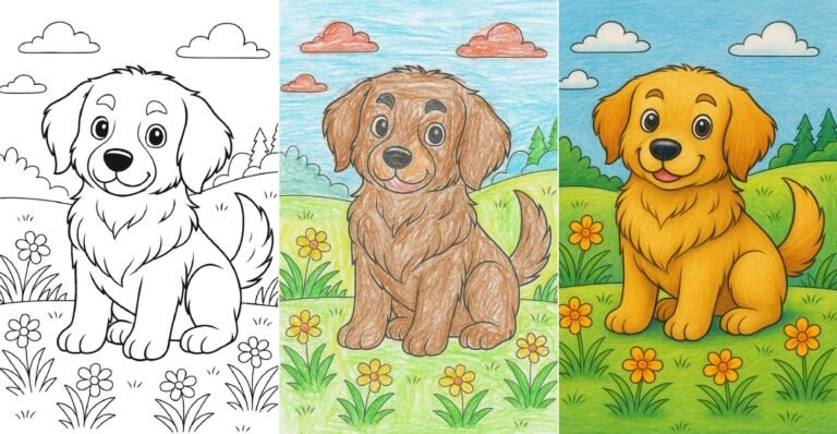 Cute puppy coloring page with nature background.