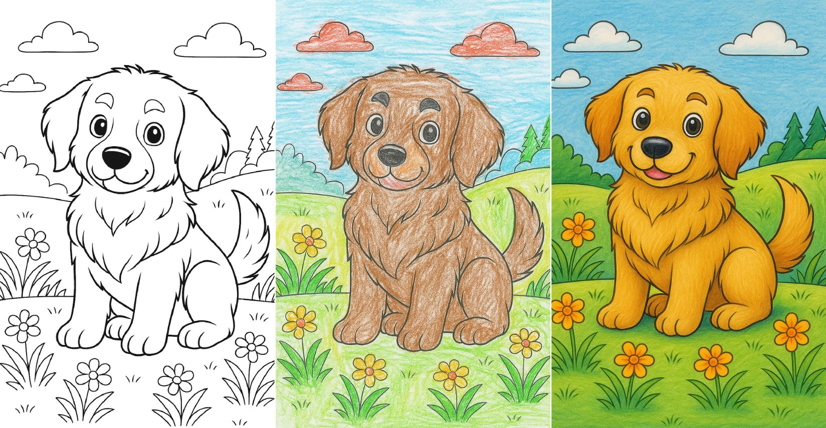 Cute puppy coloring page with nature background.