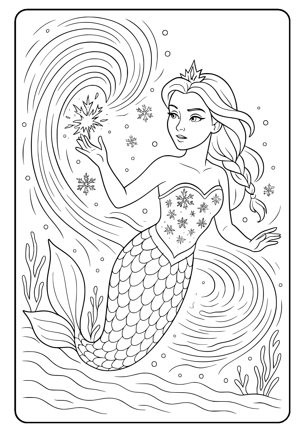 elsa mermaid whirlpool coloring sheet Mermaid casting icy magic in ocean coloring page.