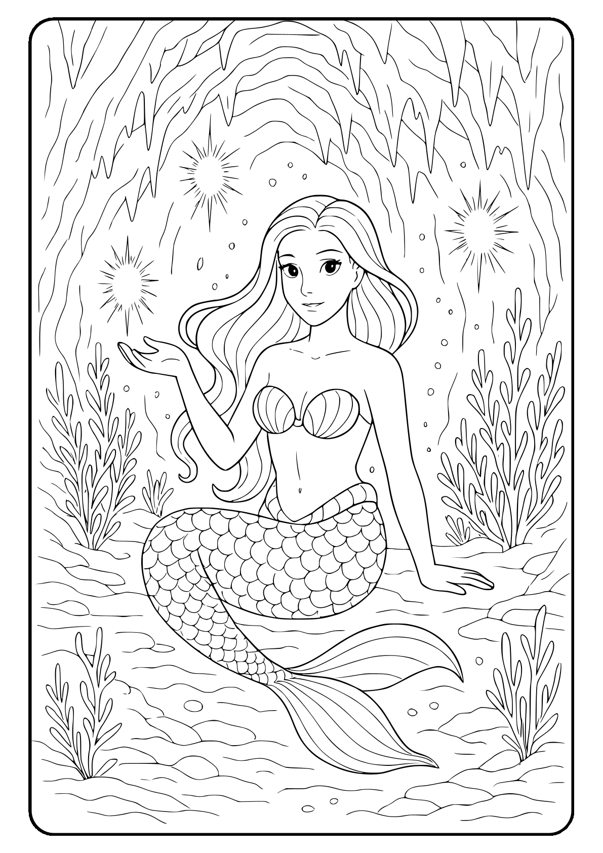 enchanted mermaid underwater cave coloring sheet Mermaid in underwater cave coloring page