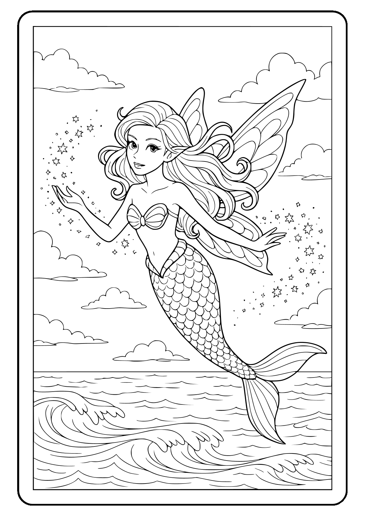 fairy mermaid flying magic dust coloring sheet Whimsical mermaid with wings coloring page for kids.