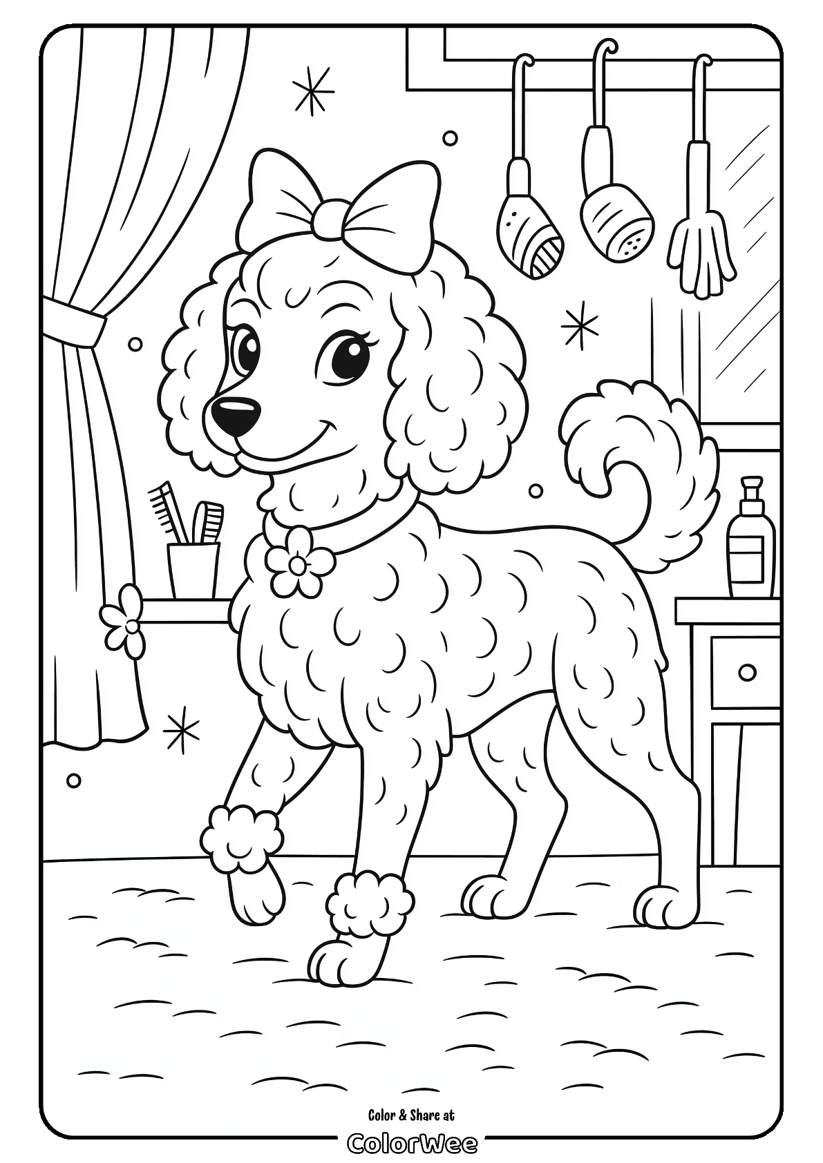 Cute poodle with bow in grooming salon coloring page.