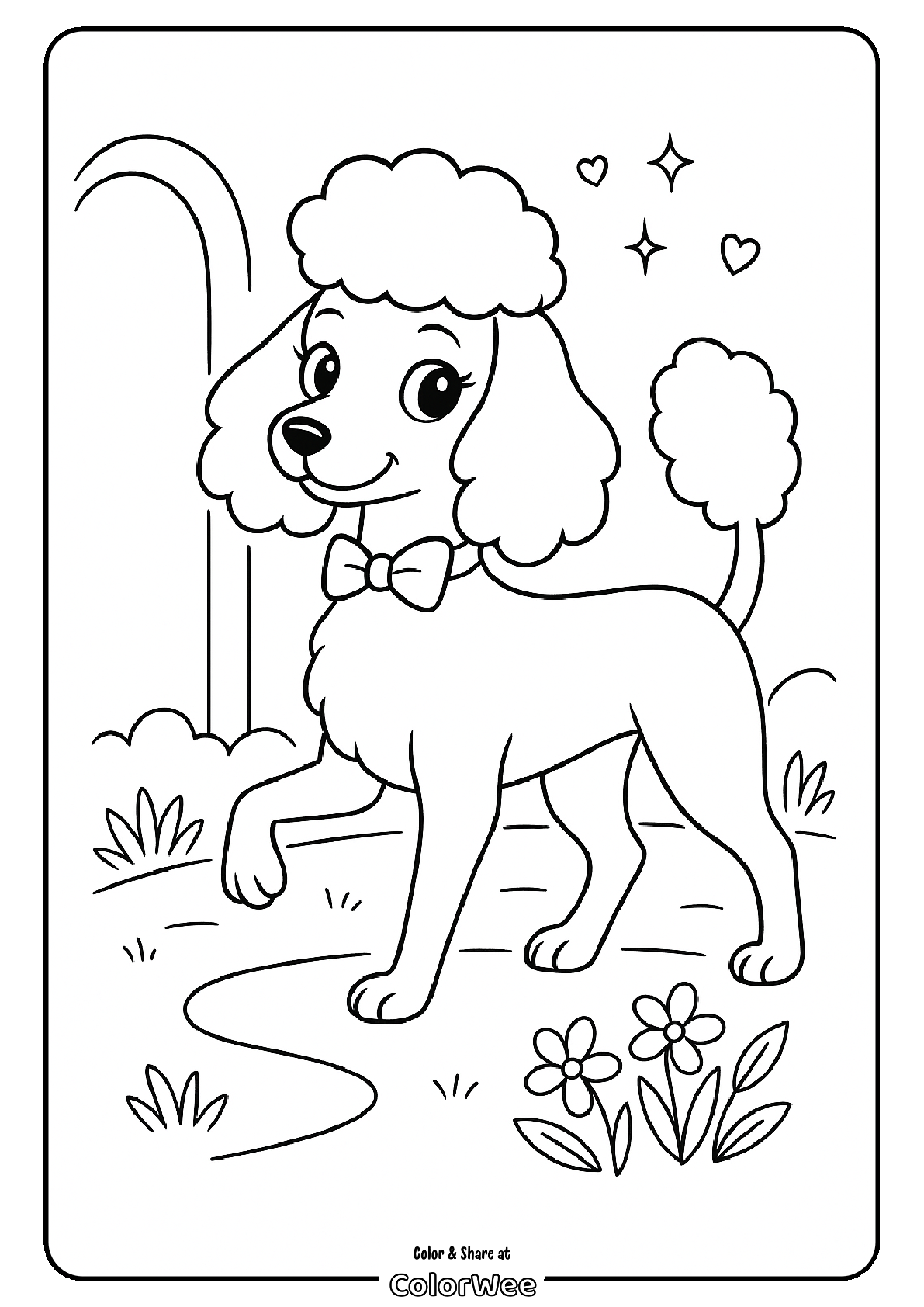Poodle coloring page with stars and hearts in a garden setting.