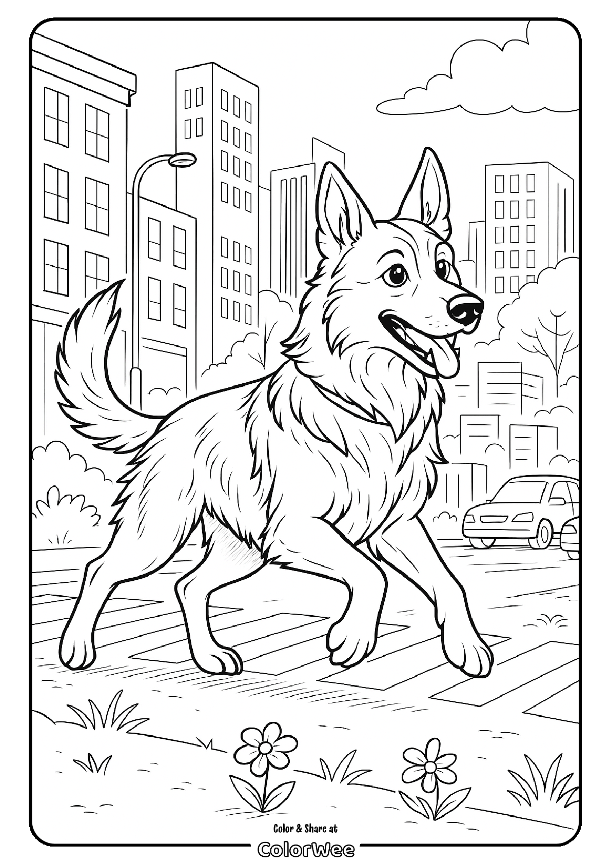 Dog crossing street in city coloring page.
