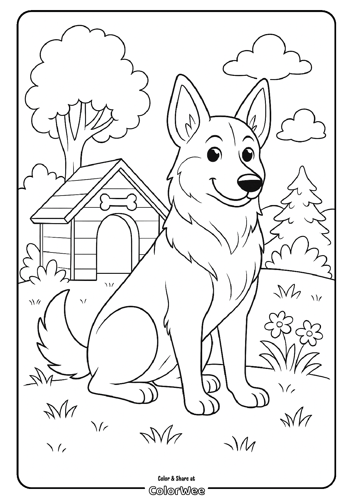 Dog by doghouse in garden coloring page.