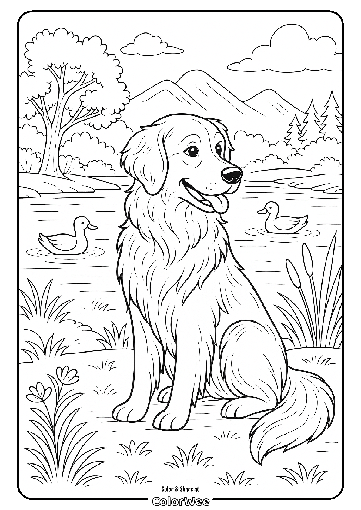 Dog coloring page by a scenic lake with duck and mountains.