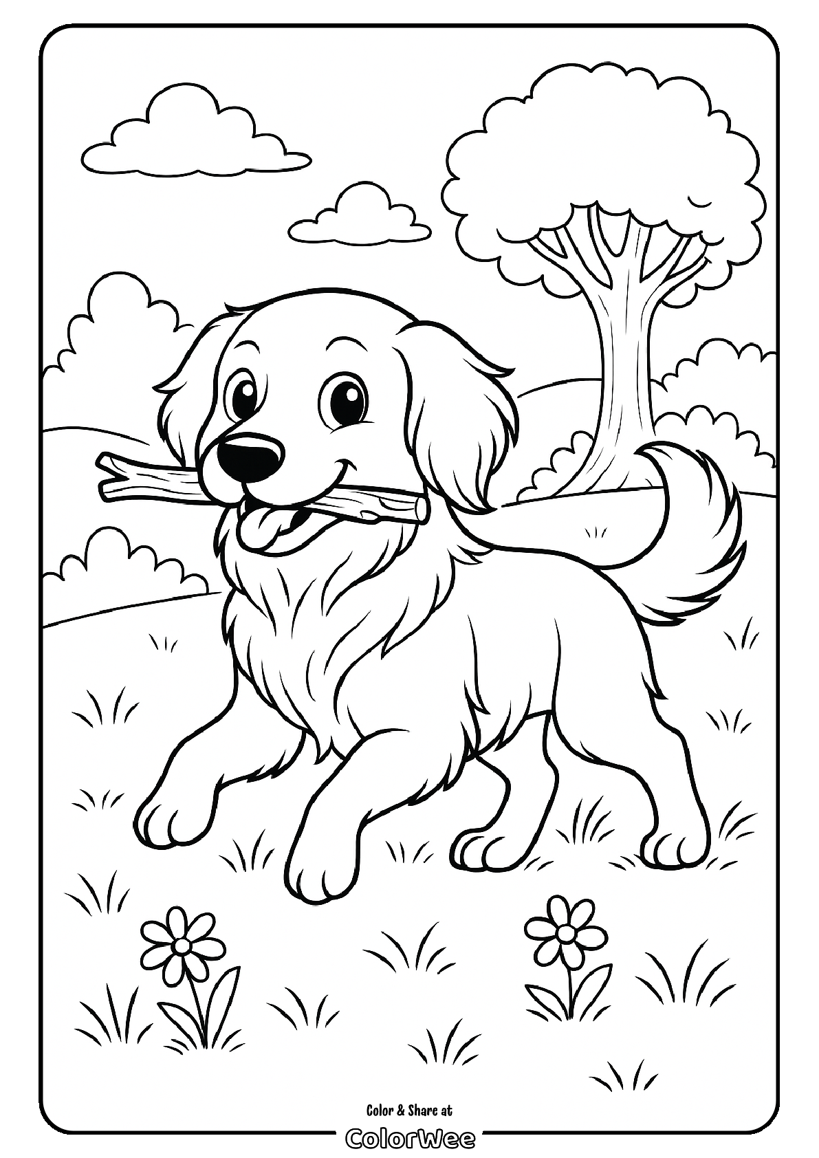 Happy dog playing with stick in a field, coloring page for kids.