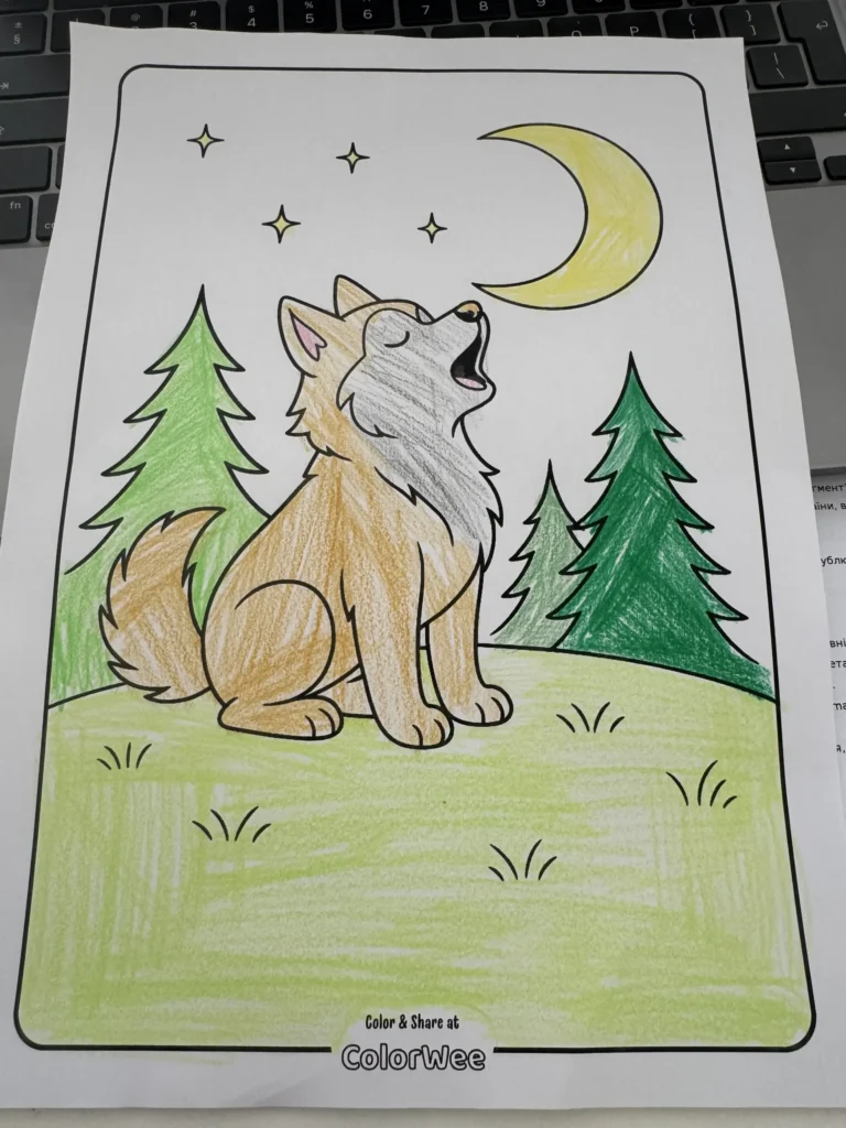 husky colored scaled e1750683843704 Wolf howling at moon coloring page with trees and stars