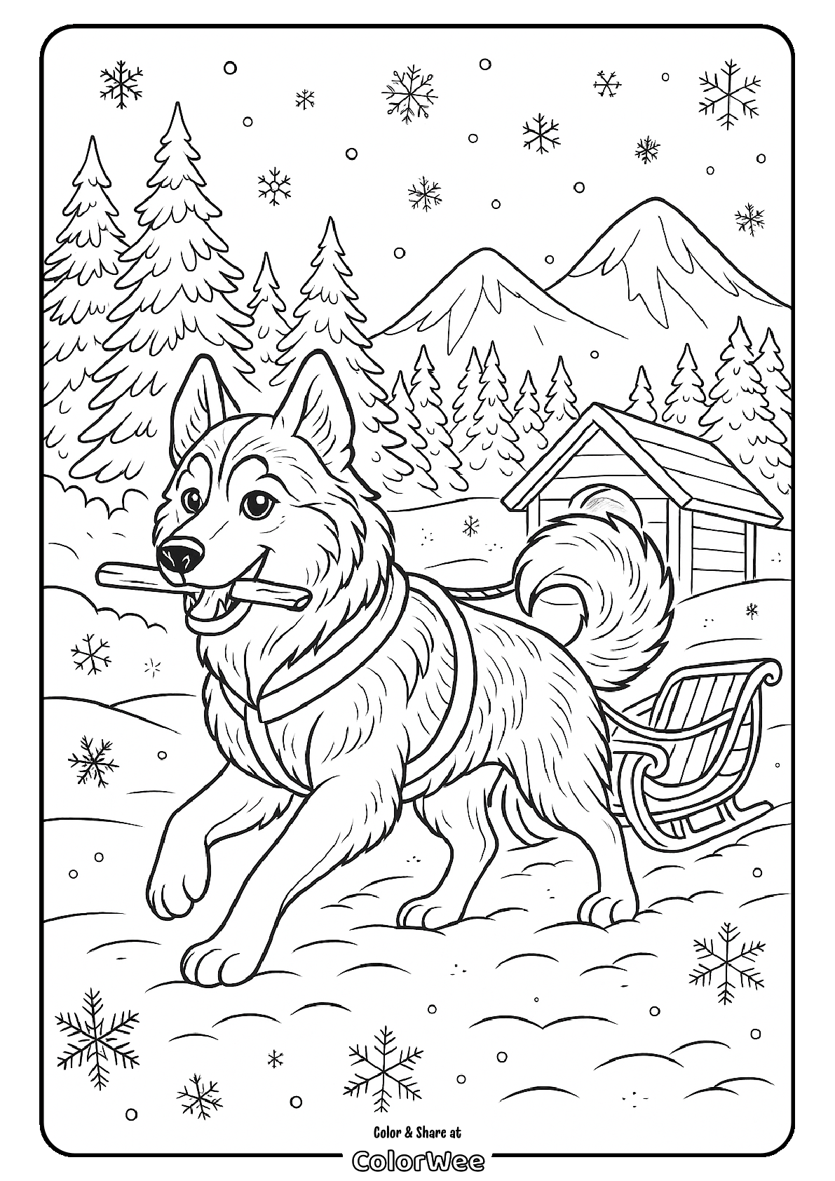 Sled dog in snowy forest with cabin and mountains coloring page.