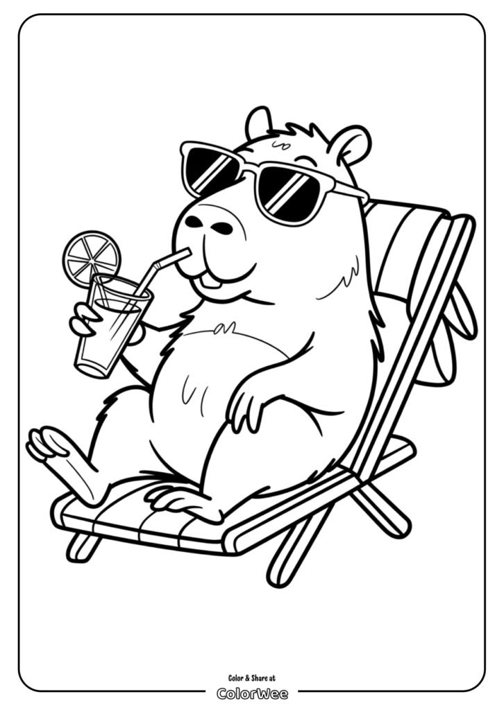 kawaii capybara beach coloring page page 0001 Fun bear on a beach lounger with a drink coloring page