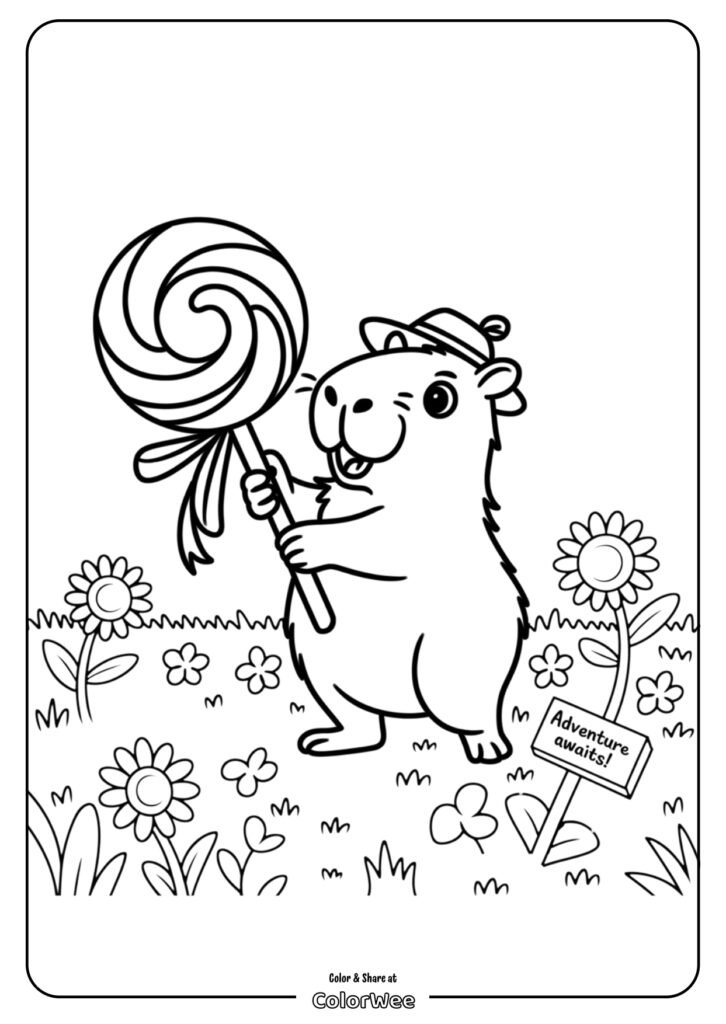kawaii capybara candy coloring page page 0001 Capybara holding a lollipop in a field with flowers, ready for adventure.