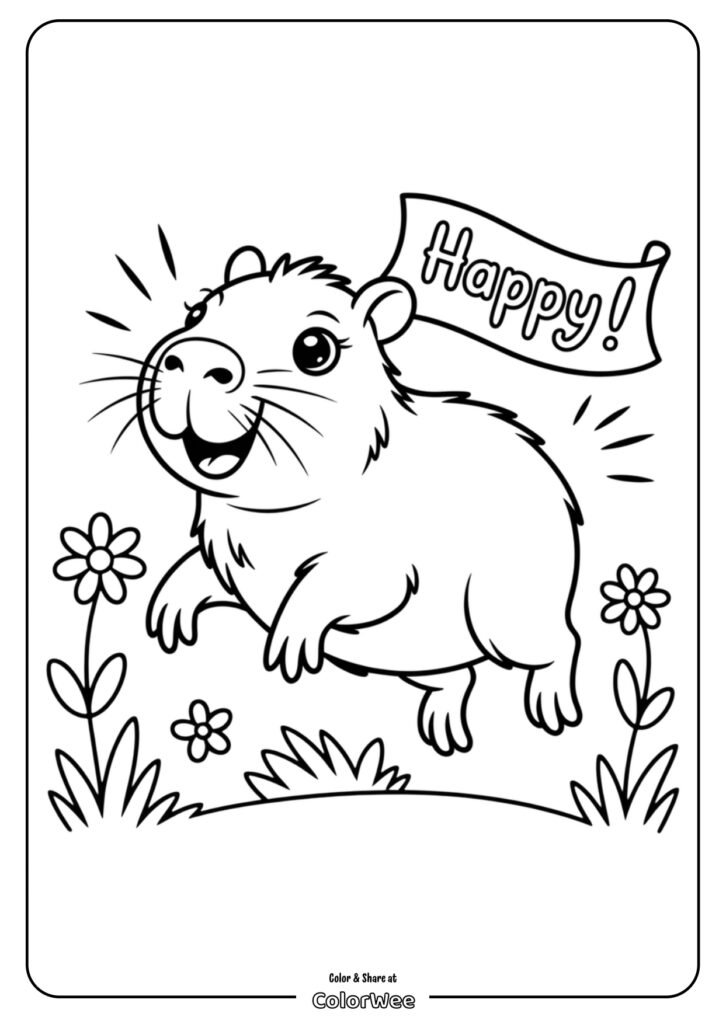 kawaii capybara happy coloring page page 0001 Happy capybara coloring page with flowers.