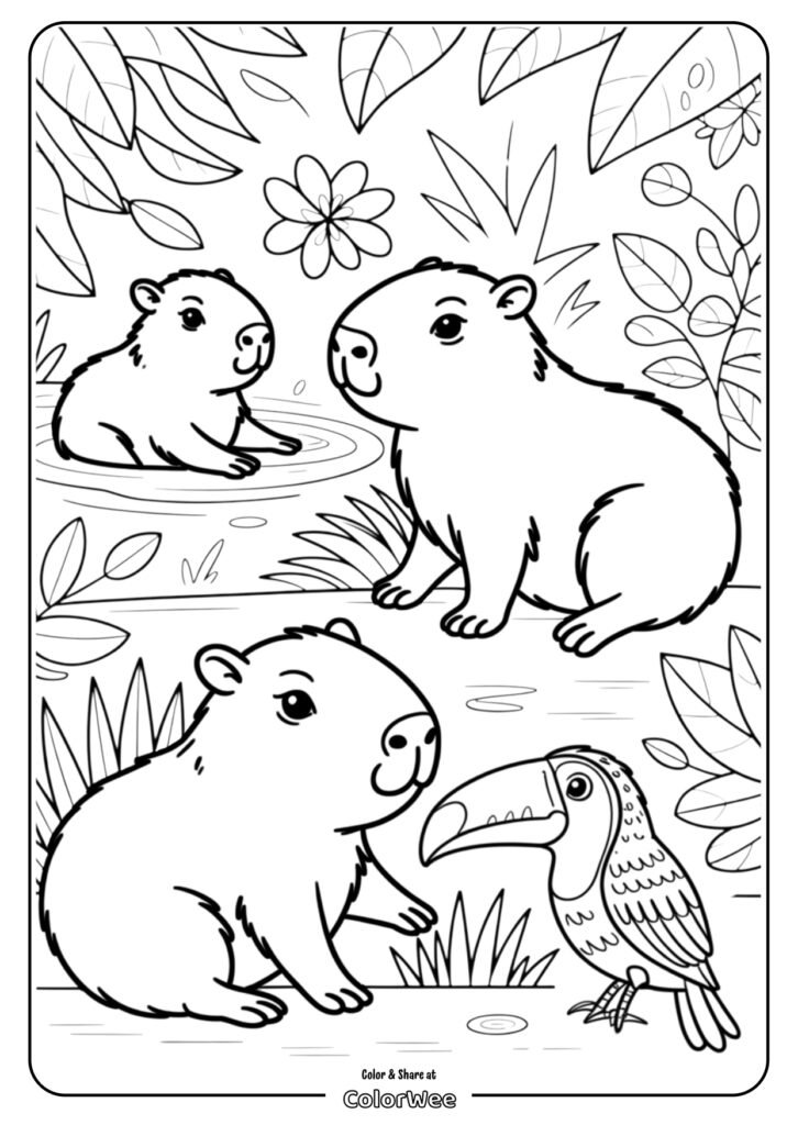 kawaii capybara in the garden coloring page page 0001 Capybaras and toucan coloring page in jungle setting
